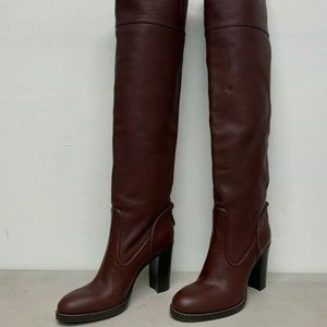 Chloé Calf-Length Red Leather Italian Boots Size 40 Burgundy